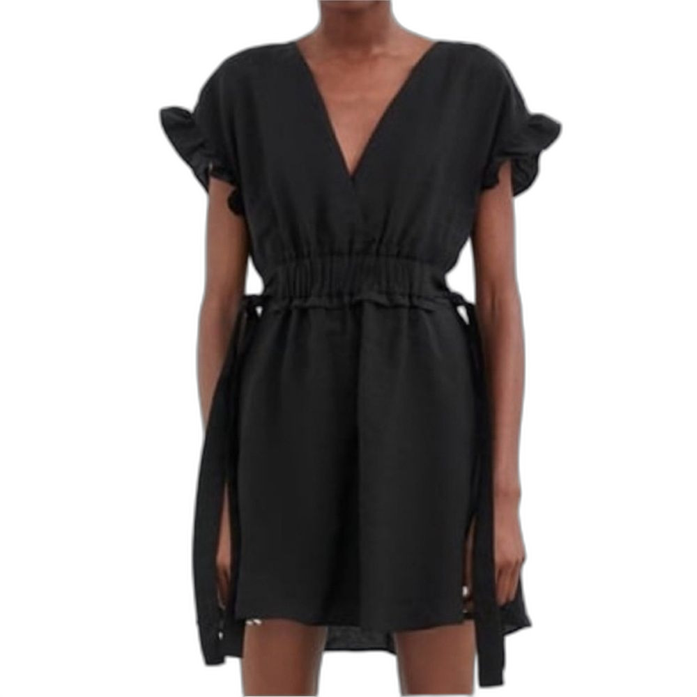Zara Women's SZ M Sash Side Tie Ruffle Sleeve Mini Dress Black Party Wedding